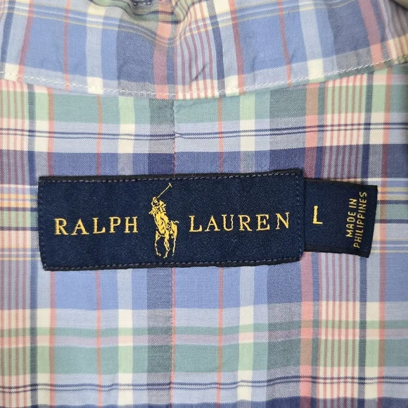 Ralph Lauren Men’s Light Blue‎ Plaid Short Sleeve Button Down Shirt Size Large - Picture 9 of 10